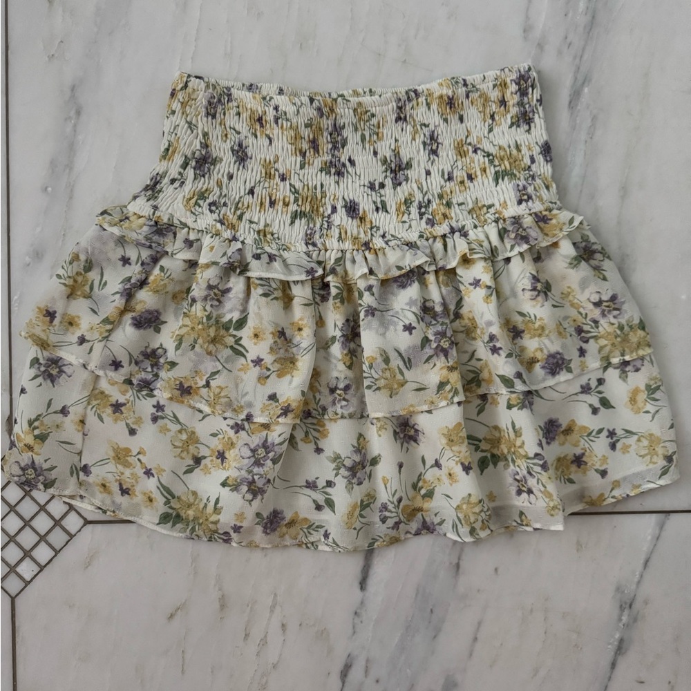 Storia Yellow and Gray Bubble Mini Skirt with Smocked Ruffles